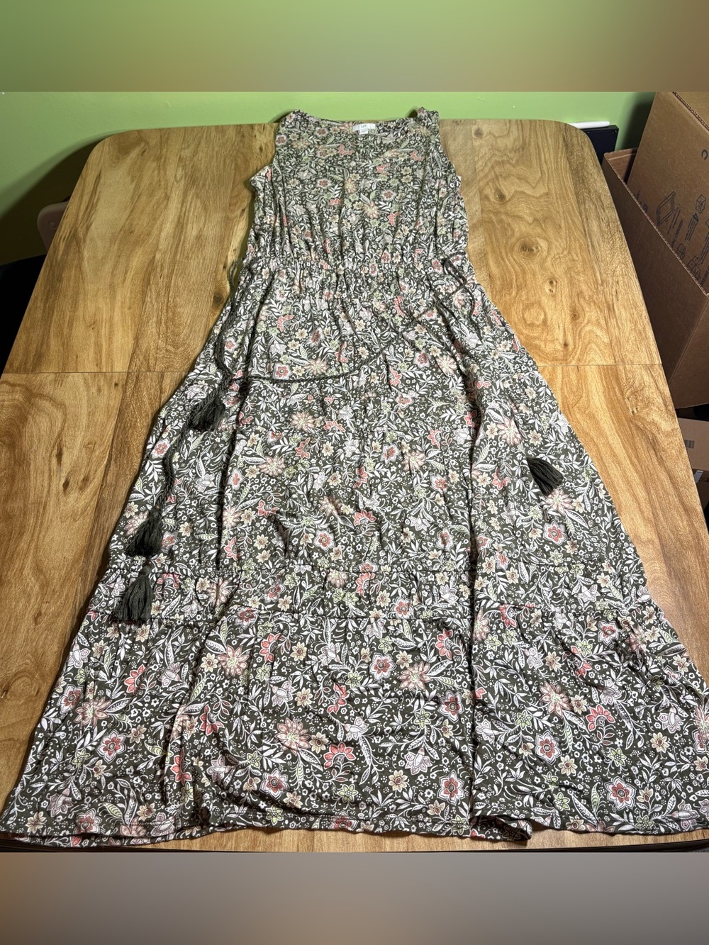 J Jill Floral Tasseled Grey Green Stretch Sleeveless Dress Size XS Length 46”